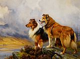Lake Canvas Paintings - Two Collies Above a Lake